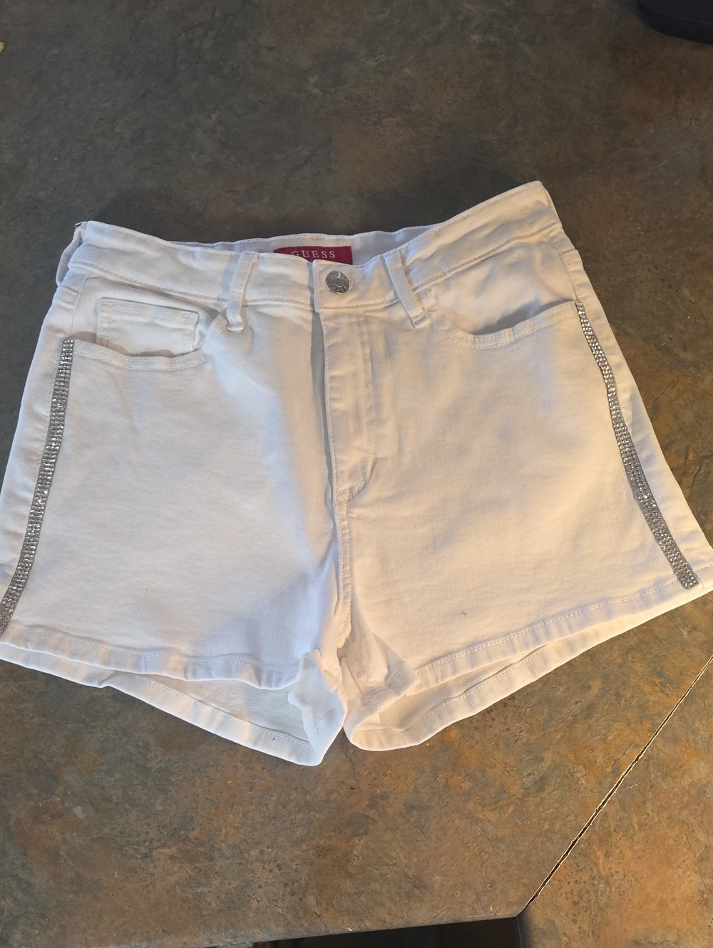 GUESS White Denim Shorts with Side Crystal Stripes (NWOT)